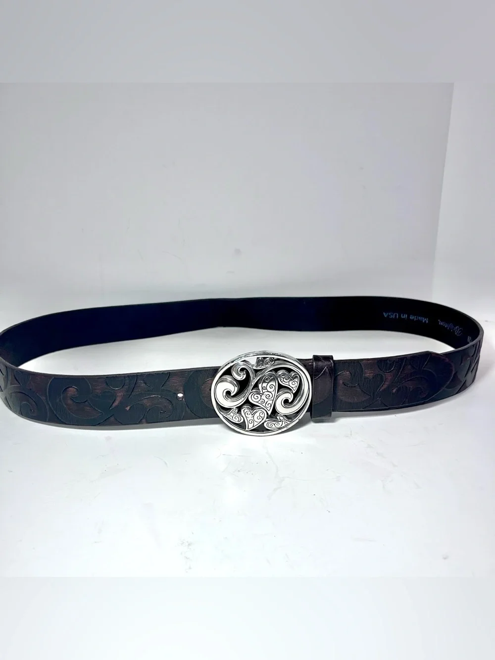 Brighton Love Carnival Brown Tooled Heart Leather Belt 40 Silver Filigree Buckle